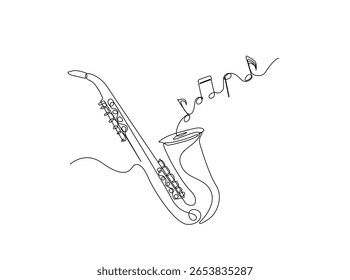 Saxophone with music notes in single outline illustration. Continuous line art drawing of saxophone sound visual.