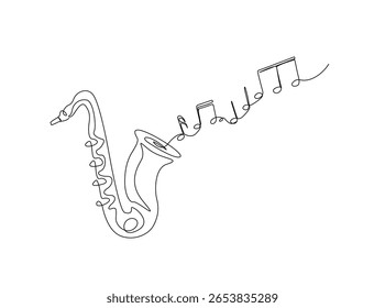 Saxophone with music notes in single outline illustration. Continuous line art drawing of saxophone sound visual.
