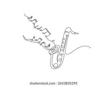 Saxophone with music notes in single outline illustration. Continuous line art drawing of saxophone sound visual.