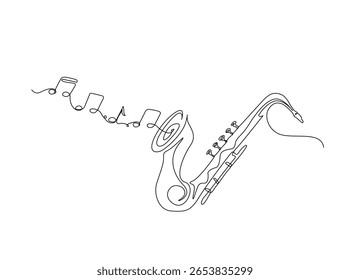 Saxophone with music notes in single outline illustration. Continuous line art drawing of saxophone sound visual.