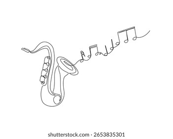 Saxophone with music notes in single outline illustration. Continuous line art drawing of saxophone sound visual.