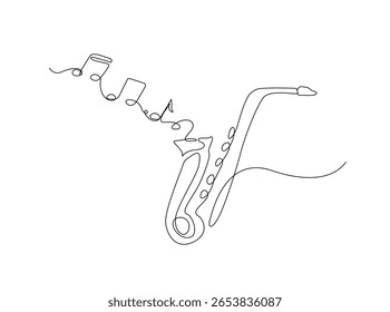 Saxophone with music notes in single outline illustration. Continuous line art drawing of saxophone sound visual.