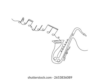Saxophone with music notes in single outline illustration. Continuous line art drawing of saxophone sound visual.