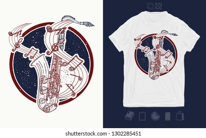 Saxophone and music notes in universe. Print for t-shirts and another, trendy apparel design 