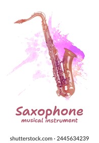 Saxofón, instrumento musical con caída emocional de color y salpicadura de fondo. Ilustración vectorial. Collage de arte sobre fondo blanco. Plantilla de diseño para festival de música, cartel, Anuncio