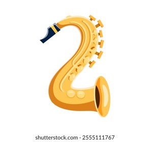 Saxophone musical instrument font 2 digit symbol. Orchestra acoustic musical sax instrument latin alphabet isolated vector two digit, musician classic equipment number or font typeset figure