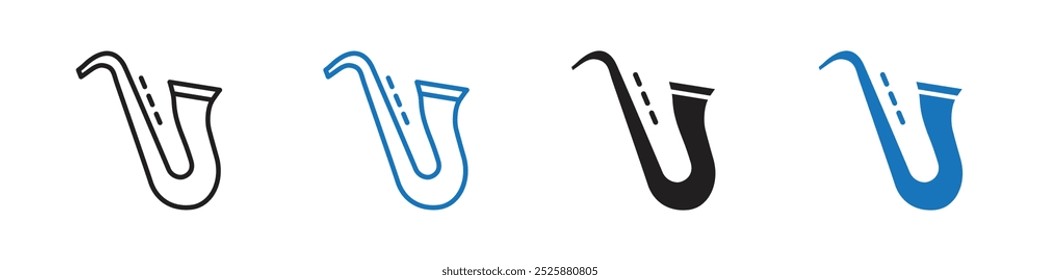 Saxophone musical instrument icon linear graphics set vector in black