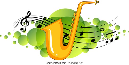 Saxophone musical instrument with melody symbols on green splotch illustration