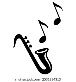 Saxofone instrumento musical com notas ícone vetor, silhueta, minimalista, simples e ícone moderno isolado no fundo branco