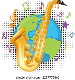 Saxophone musical instrument on earth globe illustration