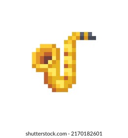 Saxophone musical instrument pixel art web icon. Design for logo game, sticker, web, mobile app, badges and patches. Isolated vector illustration.