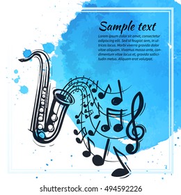 Saxophone musical instrument play melody. Music concept. Sketch style vector illustration on watercolor blue background.