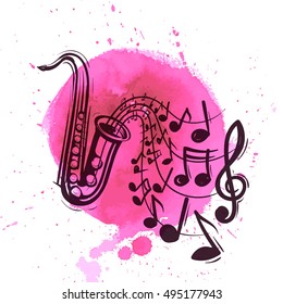 Saxophone musical instrument play melody. Music concept. Sketch style vector illustration on watercolor magenta background.