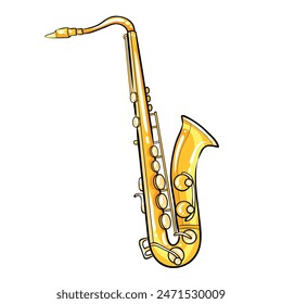 a saxophone, a musical instrument renowned for its curved shape and use in genres like jazz and blues. With numerous keys and a shiny, golden hue, it exudes visual appeal. 