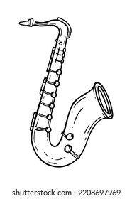 The saxophone is a musical instrument in the style of hand drawn. Vector black and white doodle 