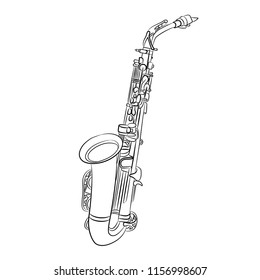 Saxophone - a musical instrument used in the orchestra, at a concert. The image is linear on a white background, used in web design.