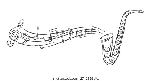 Saxophone and musical notes grunge style. Treble clef on sheet music. Musical note icons.