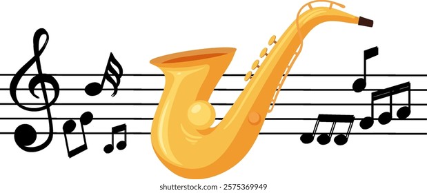 Saxophone with musical notes on a staff