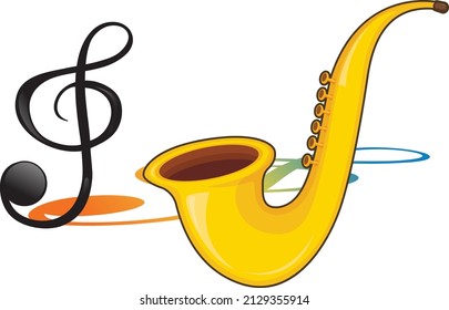 A saxophone with musical notes on white background illustration