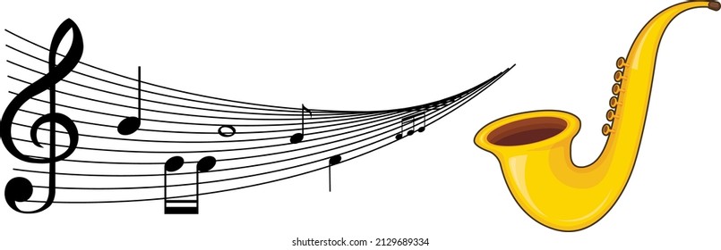 Un saxofón con notas musicales sobre la ilustración de fondo blanco
