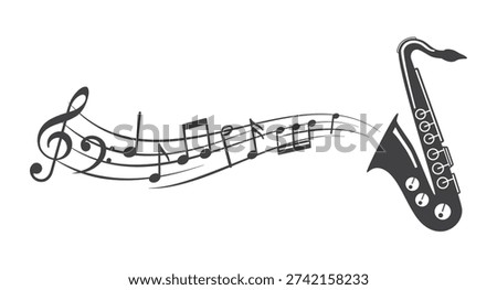 Saxophone and musical notes. Treble clef on sheet music. Musical note icons.