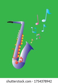 saxophone with musical notes vector illustration, 3d, isolated on green, EPS 10. 