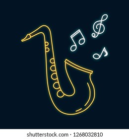 Saxophone neon sign. Led notes. Jazz bar concept. Music shop luminous bright label. Vector isolated illustration.