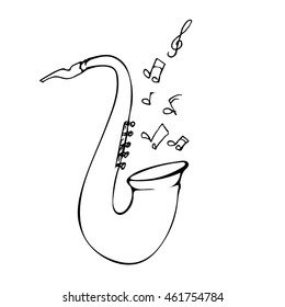 Saxophone with notes. International jazz day. Hand drawn vector stock illustration. Black and white whiteboard drawing.