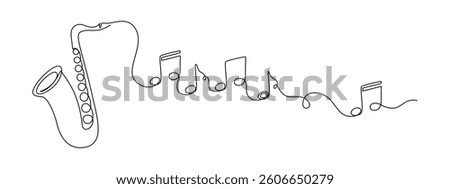 Saxophone with notes in one continuous line drawing. Wind musical instrument for orchestra and jazz concert banner in simple linear style. Editable stroke. Doodle monoline vector illustration