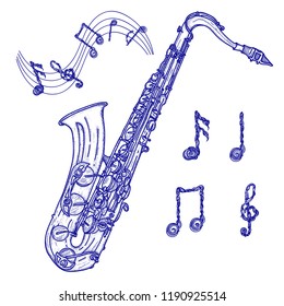 Saxophone and notes, vintage hand drawn illustration. Music elements