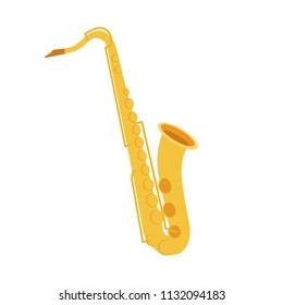 Saxophone on white background. Classical wind musical instrument. Cute flat cartoon style. Saxophone icon. Vector illustration