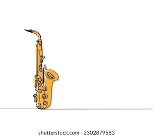 Saxophone one line color art. Continuous line drawing of musical, melody, blues, saxophone, jazz, horn, music, sax, musician, trumpet, orchestra.