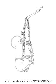 Saxophone Outline From Black Lines Isolated On White Background. Perspective View. 3D. Vector Illustration.