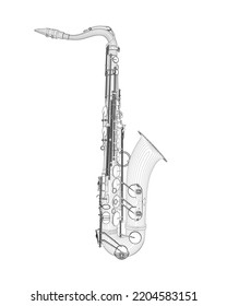 Saxophone Outline From Black Lines Isolated On White Background. Side View. 3D. Vector Illustration.