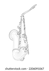 Saxophone Outline From Black Lines Isolated On White Background. Perspective View. 3D. Vector Illustration.