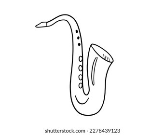 Saxophone outline doodle icon. Jazz musical instrument. Vector line illustration isolated on white.