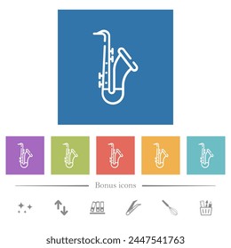 Saxophone outline flat white icons in square backgrounds. 6 bonus icons included.