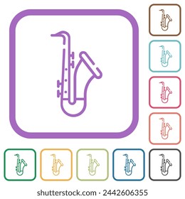 Saxophone outline simple icons in color rounded square frames on white background