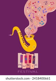 Saxophone Piano Jazz Music Festival fantasievoll handgezeichnet Vektorplakat. Sax, Musical Noten, Klaviertastatur Design-Element-Illustration. Jazz Music Live-Konzertflyer, Banner-Hintergrund