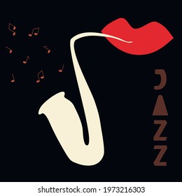 Saxophone player abstract simple illustration for event, festival, poster. Jazz man with red lips.