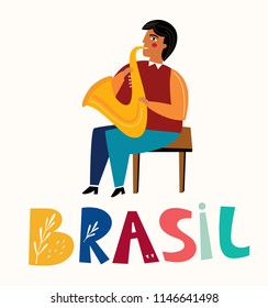 Saxophone player. Brazil traditional musician men. Jazz festival poster