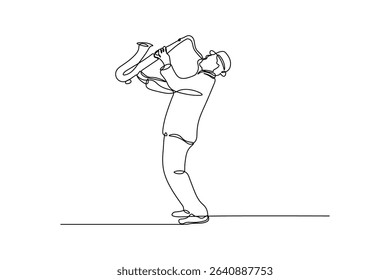Saxophone player in continuous line art style. Sketch of saxophonist in minimalist black line isolated on white background. Vector illustration