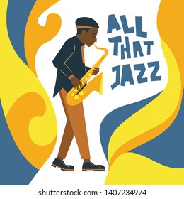 Saxophone player with decorative fluid abstract design around him