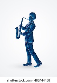 Saxophone player designed using blue grunge brush graphic vector.