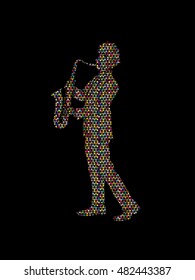 Saxophone player designed using colorful mosaic pattern graphic vector.