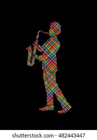 Saxophone player designed using colorful pixels graphic vector.