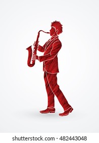 Saxophone player designed using red grunge brush graphic vector.