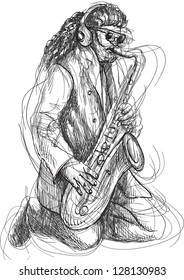 Saxophone player in expressive outlines. /// Vector description: contours in shades of gray and black, editable in 4 layers.