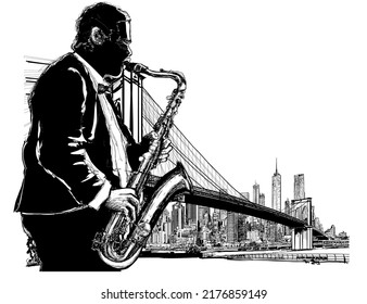 Saxophone-Spieler an der Historic Brooklyn Bridge - Vektorgrafik (ideal zum Bedrucken auf Stoff oder Papier, Poster oder Tapete, Hausdekoration) 