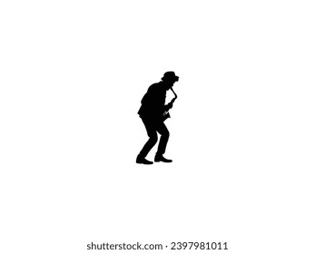 Vector de icono del reproductor de saxofón. Ilustración vectorial. Silueta del jugador saxofón fondo blanco aislado